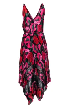 The Kooples Red & Pink Floral on Black Base Sleeveless Pleated Skirt Dress Sz 2