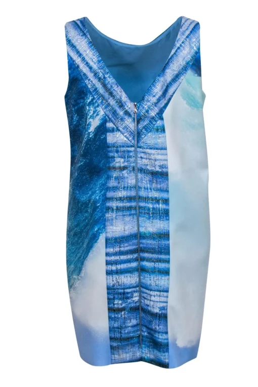 Theia - Blue Ocean Wave Print Mini Shift Dress Sz 12