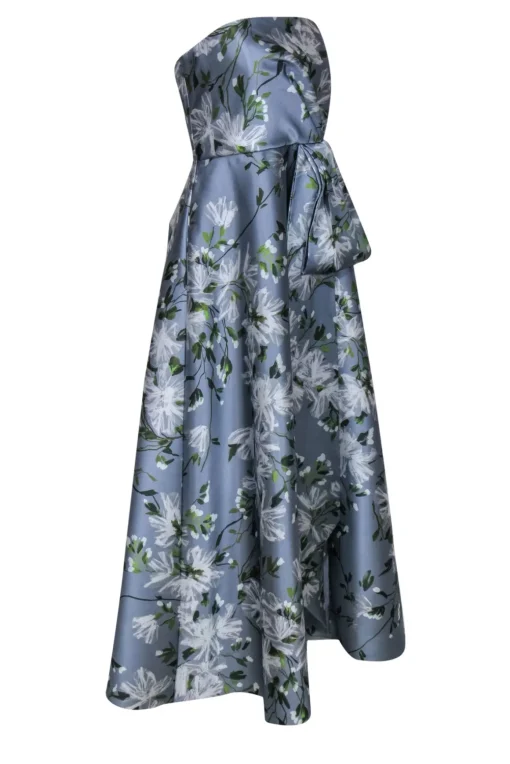 Theia - Light Blue, Green & White Floral Strapless Gown w/ Pleated Sash Sz 8