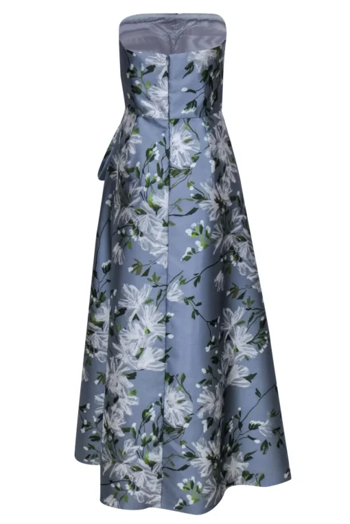 Theia - Light Blue, Green & White Floral Strapless Gown w/ Pleated Sash Sz 8
