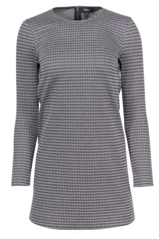 Theory - Black & Grey Mini Houndstooth Print Long Sleeve Dress Sz 0