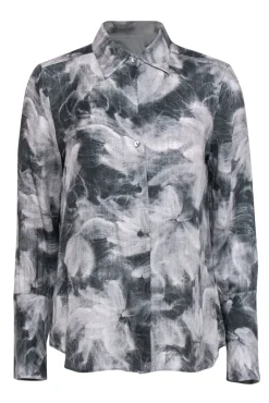 Theory - Grey & White Abstract Floral Print Button-Up Silk Blouse Sz L