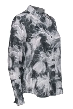 Theory - Grey & White Abstract Floral Print Button-Up Silk Blouse Sz L