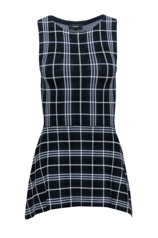 Theory - Navy, Black, & White Plaid Knit Peplum Top Sz P