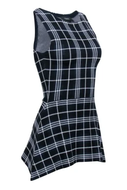 Theory - Navy, Black, & White Plaid Knit Peplum Top Sz P