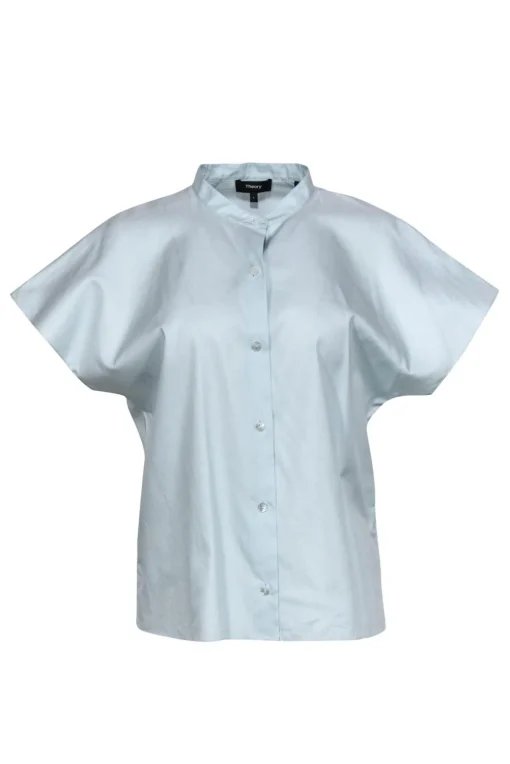 Theory - Sky Blue Cotton Short Sleeve Button-Up Blouse Sz L