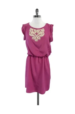 Tibi - Amaranth Pink & White Beaded Silk Short Sleeve Dress Sz 6