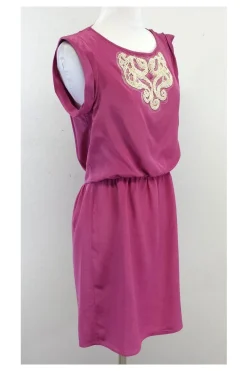 Tibi - Amaranth Pink & White Beaded Silk Short Sleeve Dress Sz 6