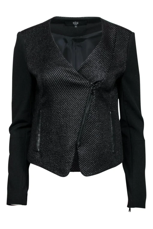 Tibi - Black Woven Moto-Style Jacket Sz 2