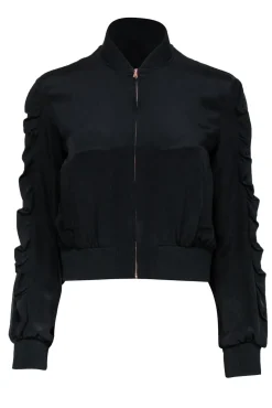Tibi - Black Zip-Up Silk Bomber Jacket w/ Ruffled Trim Sz XS