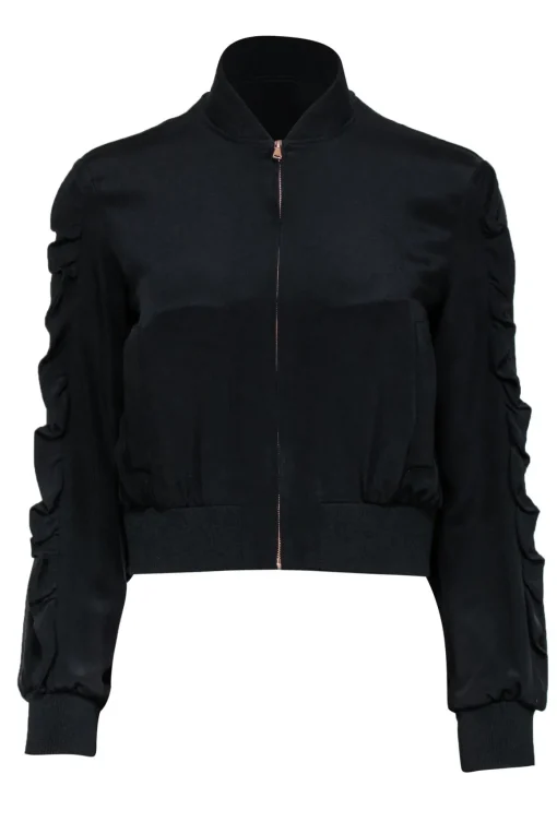 Tibi - Black Zip-Up Silk Bomber Jacket w/ Ruffled Trim Sz XS