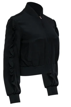 Tibi - Black Zip-Up Silk Bomber Jacket w/ Ruffled Trim Sz XS