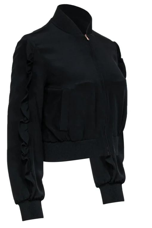 Tibi - Black Zip-Up Silk Bomber Jacket w/ Ruffled Trim Sz XS