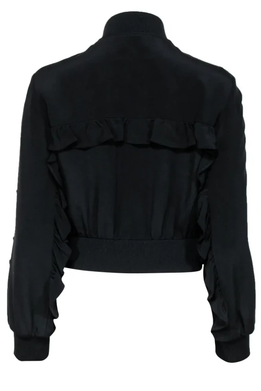 Tibi - Black Zip-Up Silk Bomber Jacket w/ Ruffled Trim Sz XS
