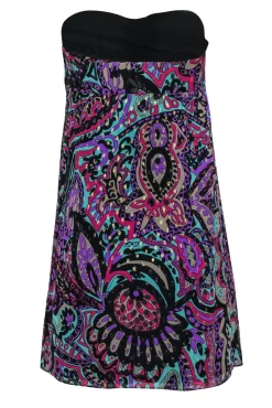 Tibi - Blue & Multicolored Metallic Bohemian Print Strapless Empire Waist Dress Sz 2