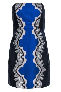 Tibi -  Navy, Cobalt & White Strapless Silk Printed Mini Dress Sz 6