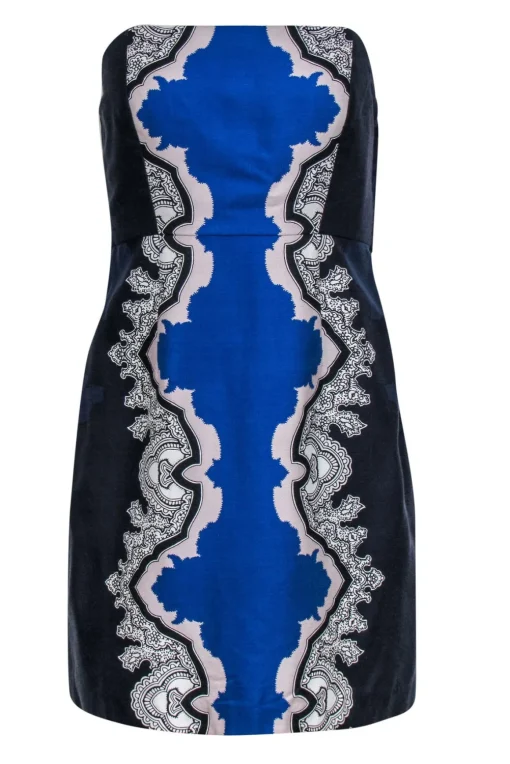 Tibi -  Navy, Cobalt & White Strapless Silk Printed Mini Dress Sz 6