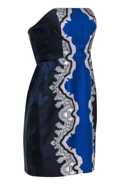 Tibi -  Navy, Cobalt & White Strapless Silk Printed Mini Dress Sz 6