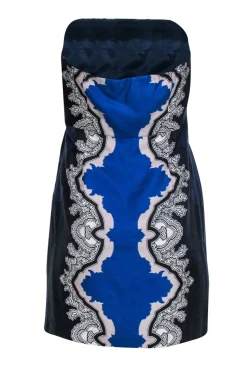 Tibi -  Navy, Cobalt & White Strapless Silk Printed Mini Dress Sz 6