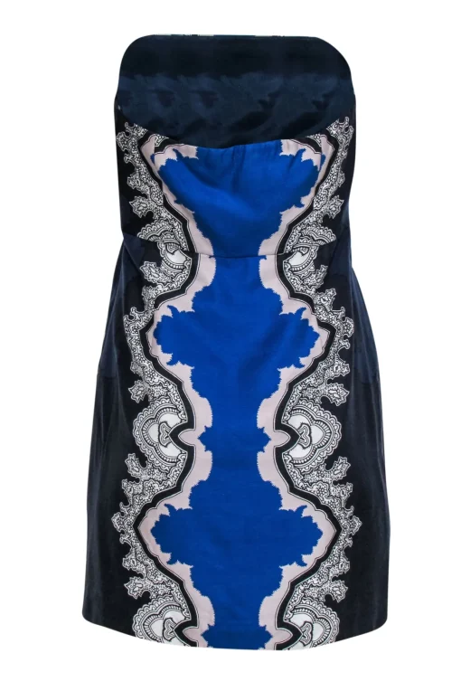 Tibi -  Navy, Cobalt & White Strapless Silk Printed Mini Dress Sz 6