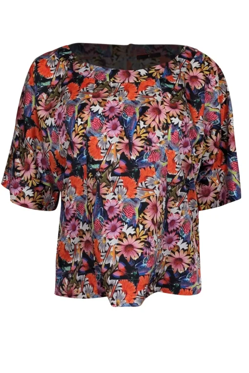 Tibi - Pink, Black, & Multi Color Floral & Bird Print Cropped Sleeve Top Sz XS