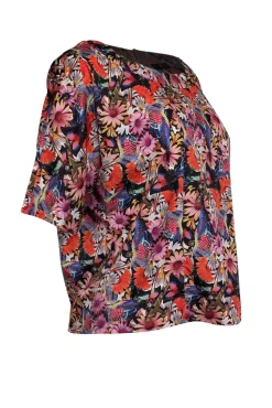 Tibi - Pink, Black, & Multi Color Floral & Bird Print Cropped Sleeve Top Sz XS