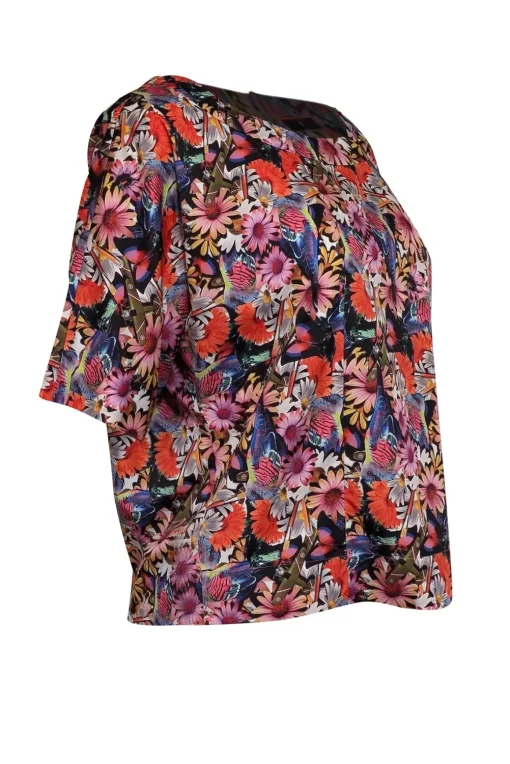 Tibi - Pink, Black, & Multi Color Floral & Bird Print Cropped Sleeve Top Sz XS