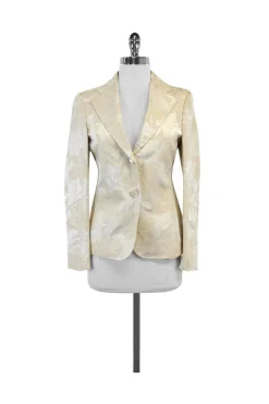 Tombolini - Cream & Gold Leaf Print Suit Jacket Sz 4