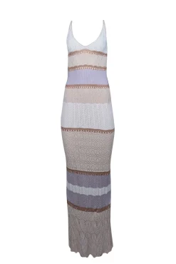 Torn by Ronny Kobo - Cream, White, & Lilac Crochet Knit Maxi Dress Sz M