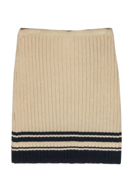 Tory Burch - Beige & Navy Ribbed Knit Sweater Skirt w/ Striped Trim Sz S