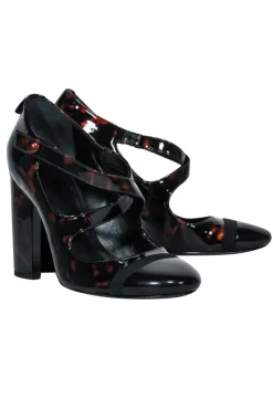 Tory Burch - Black & Brown Tortoise Shell Patent Leather Mary Jane Pumps Sz 7.5