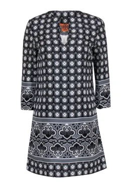 Tory Burch - Black & Gray Patterned Silk Shift Dress Sz 4