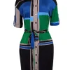 Tory Burch - Black, Blue, Green, & Taupe Color Block Collared Cropped Sleeve Dress Sz XS