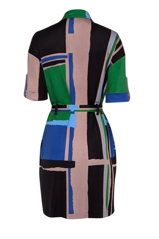 Tory Burch - Black, Blue, Green, & Taupe Color Block Collared Cropped Sleeve Dress Sz XS