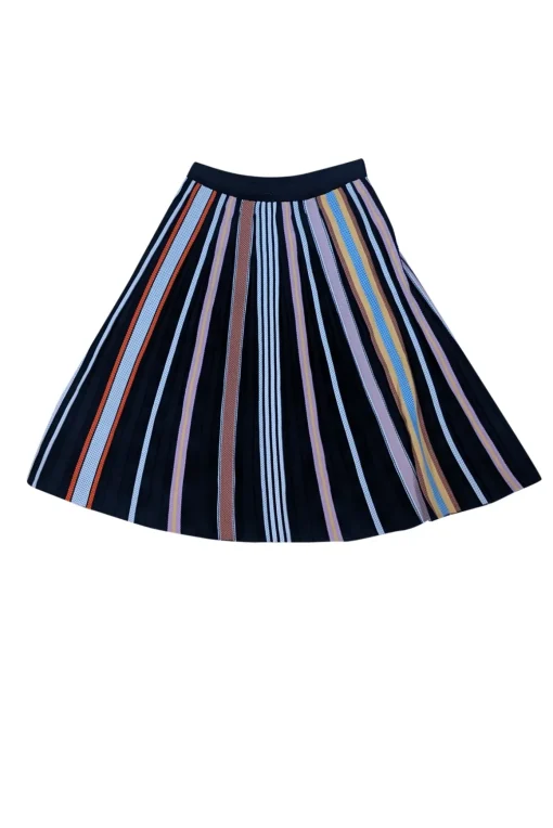 Tory Burch - Black, Brown, White, & Pink Striped Pleated Skirt Sz M