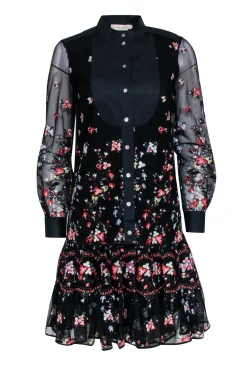 Tory Burch - Black Embroidered Floral Long Sleeve Dress Sz XS