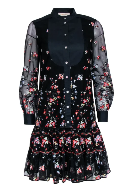 Tory Burch - Black Embroidered Floral Long Sleeve Dress Sz XS