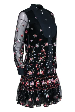 Tory Burch - Black Embroidered Floral Long Sleeve Dress Sz XS