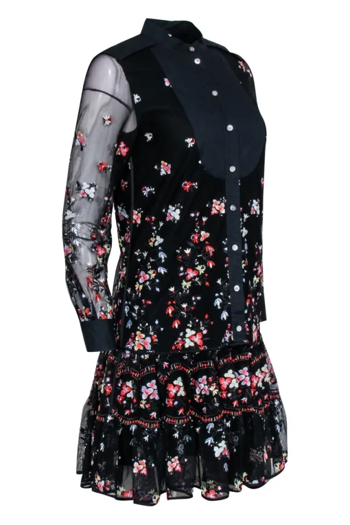 Tory Burch - Black Embroidered Floral Long Sleeve Dress Sz XS