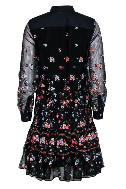 Tory Burch - Black Embroidered Floral Long Sleeve Dress Sz XS