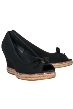 Tory Burch - Black Espadrille Peep Toe Wedges w/ Bow Sz 11