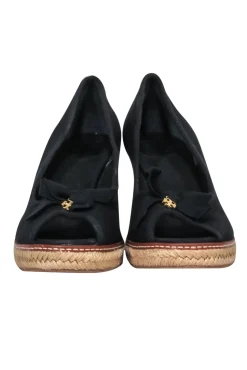 Tory Burch - Black Espadrille Peep Toe Wedges w/ Bow Sz 11
