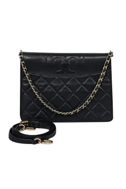 Tory Burch - Black Leather Quilted Fold Over Crossbody Bag