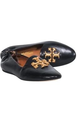 Tory Burch - Black Leather Flats w/ Large Gold Logo Toe Sz 8.5