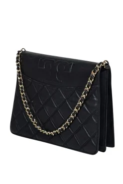 Tory Burch - Black Leather Quilted Fold Over Crossbody Bag