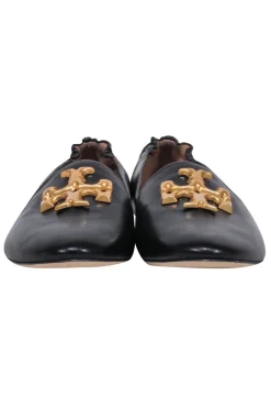 Tory Burch - Black Leather Flats w/ Large Gold Logo Toe Sz 8.5