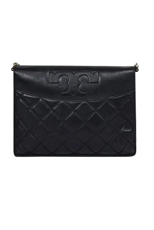 Tory Burch - Black Leather Quilted Fold Over Crossbody Bag