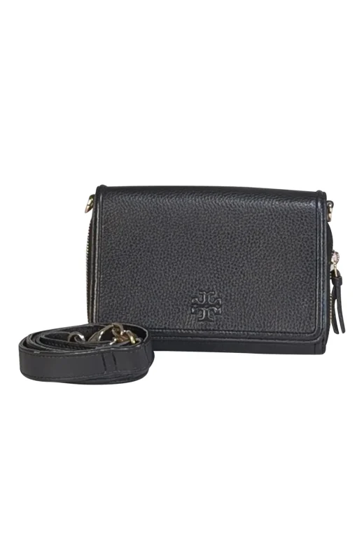 Tory Burch - Black Pebbled Leather Front Flap Crossbody Bag