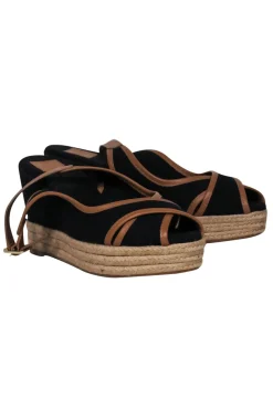 Tory Burch - Black Peep Toe Slingback Espadrilles Wedge w/ Leather Trim Sz 9