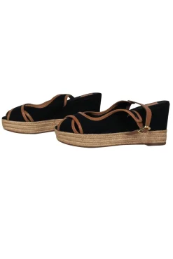 Tory Burch - Black Peep Toe Slingback Espadrilles Wedge w/ Leather Trim Sz 9